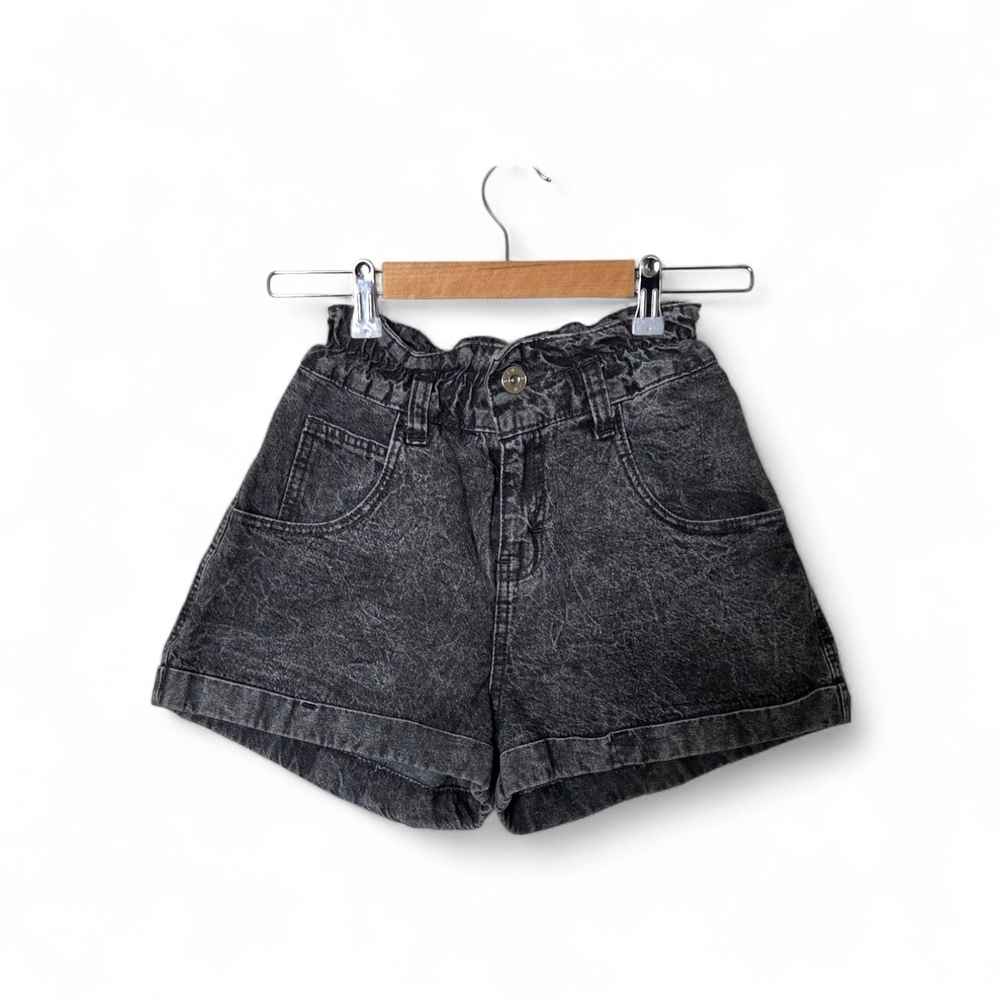 Thinners Womens Black Acid Wash Denim Shorts Paperbag High Rise Cuffed Size 5